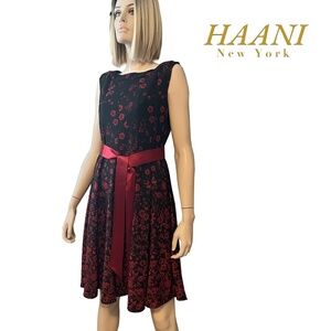 HAANI NY Plush Dress Brocade of Roses with Satin Ribbon Sash Keyhole back